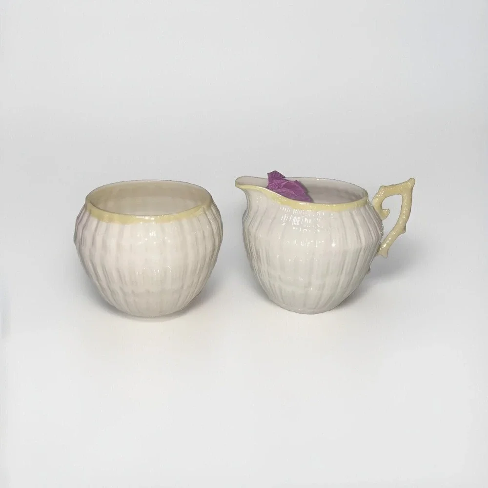 Vintage Belleek Limpet Pattern Creamer and Sugar Bowl 6th Green‎ Mark